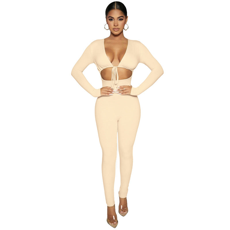 Lace-up Hollow Long-sleeved Jumpsuit