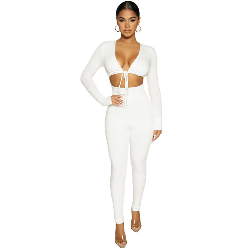 Lace-up Hollow Long-sleeved Jumpsuit