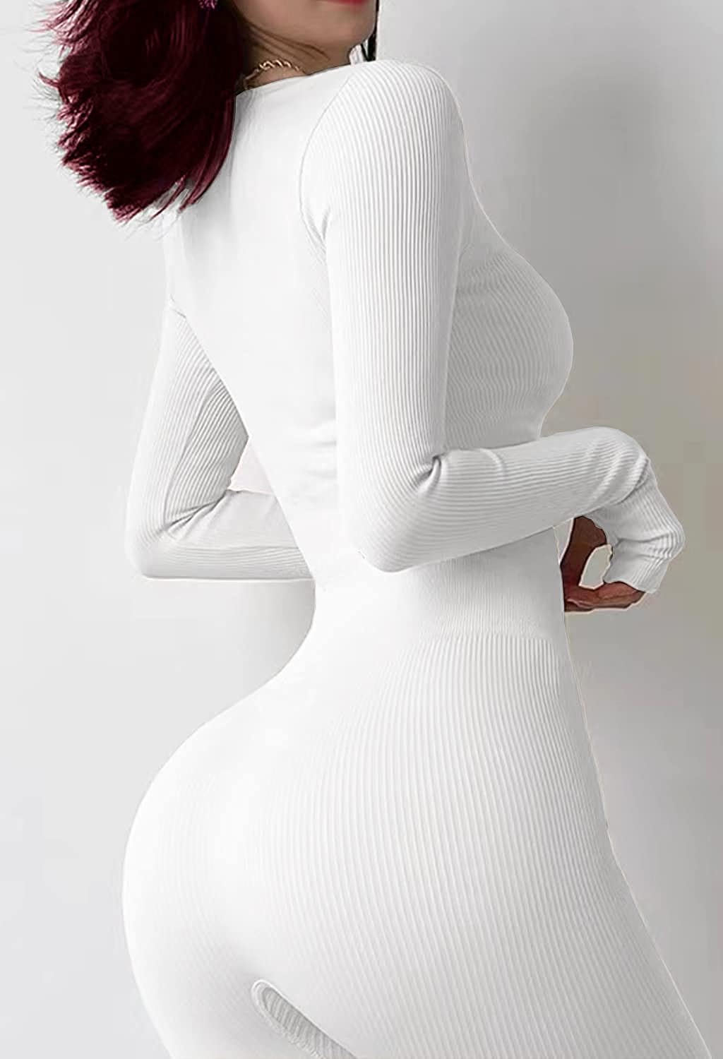 Ribbed Square Neck Long Sleeve Jumpsuit