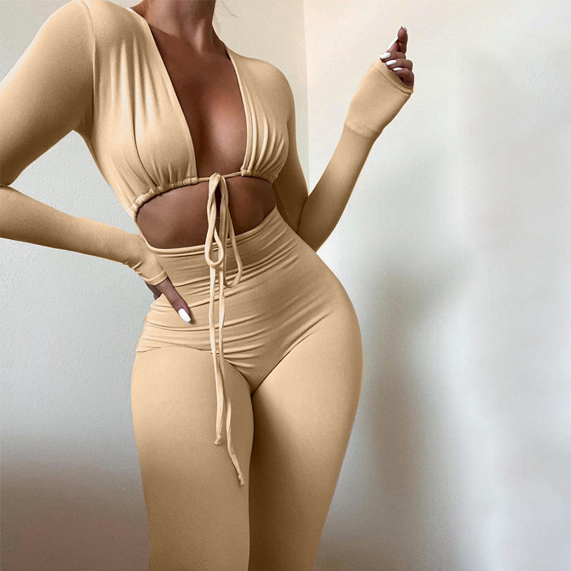 Lace-up Hollow Long-sleeved Jumpsuit