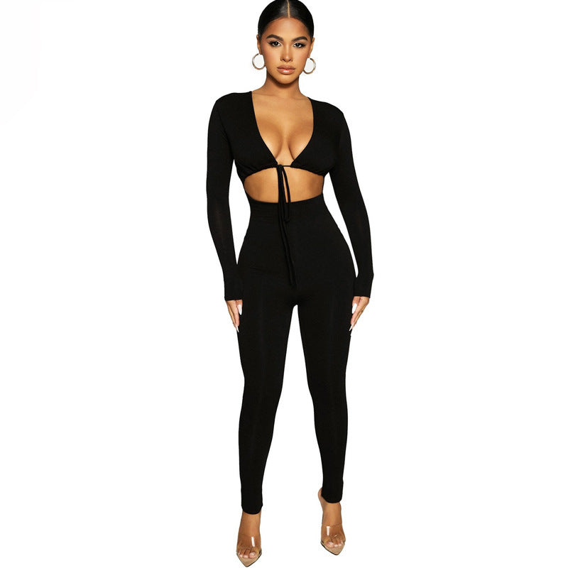 Lace-up Hollow Long-sleeved Jumpsuit
