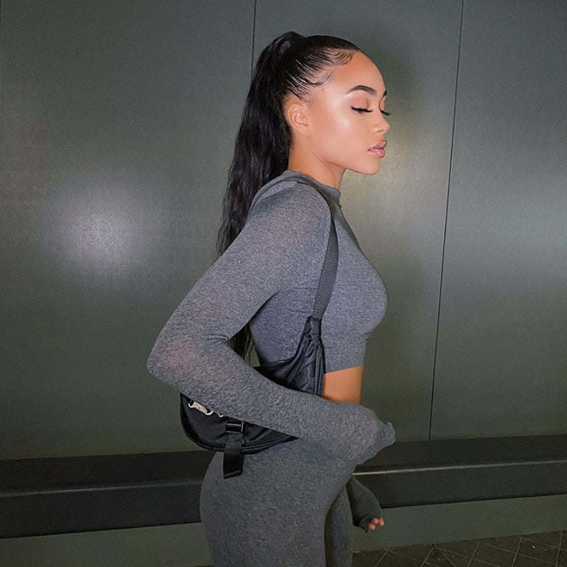 Fashion Full Sleeve Crop Top Tracksuit Set
